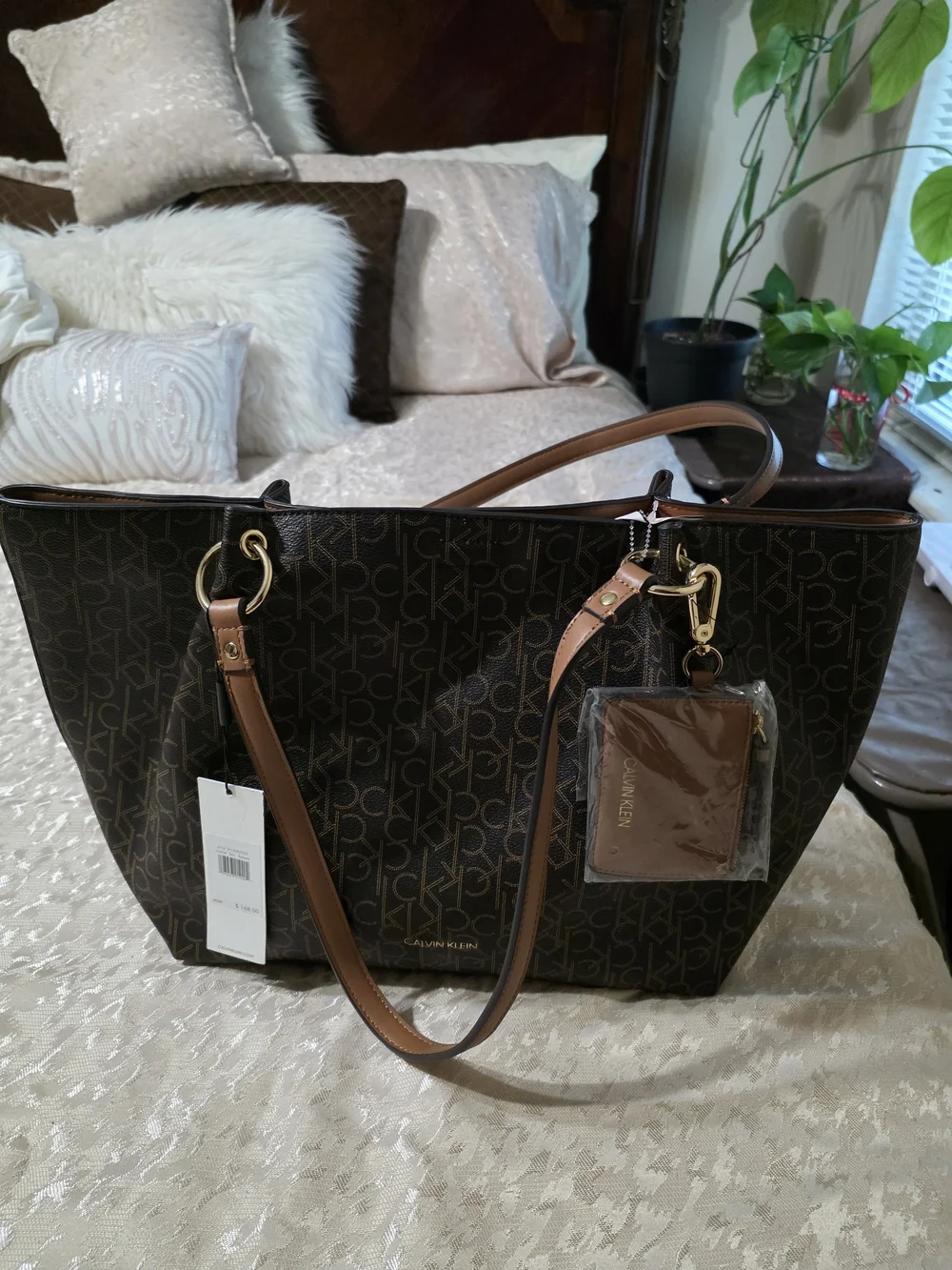Calvin Klein Dark Brown Monogram Tote with Tan Trim